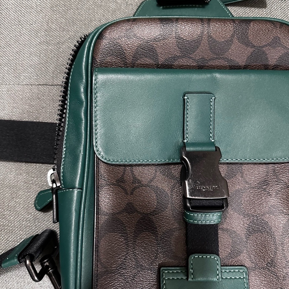 Coach Track Pack Signature Block Sling Bag Gunmetal Hardware Dk Green Unisex